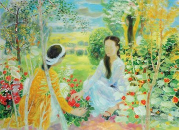 アジア人 Painting - 花の中で話すアジア人
